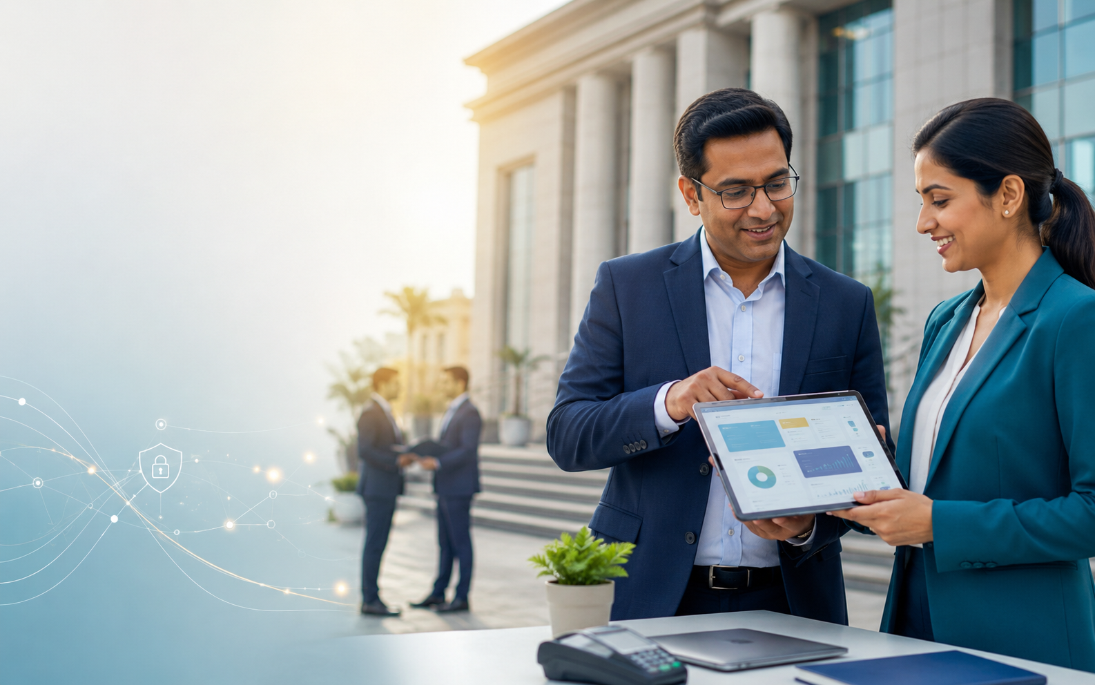 Business representatives collaborating through a secure enterprise payment ecosystem